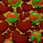 Christmas-themed pattern of hearts and spheres.