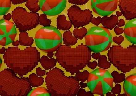 Christmas-themed pattern of hearts and spheres.