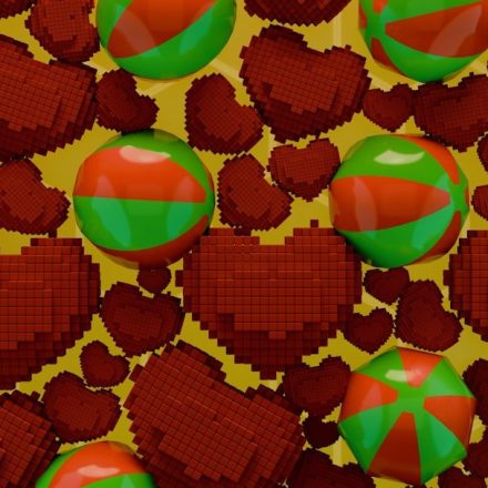 Christmas-themed pattern of hearts and spheres.