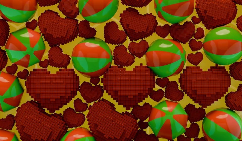 Christmas-themed pattern of hearts and spheres.