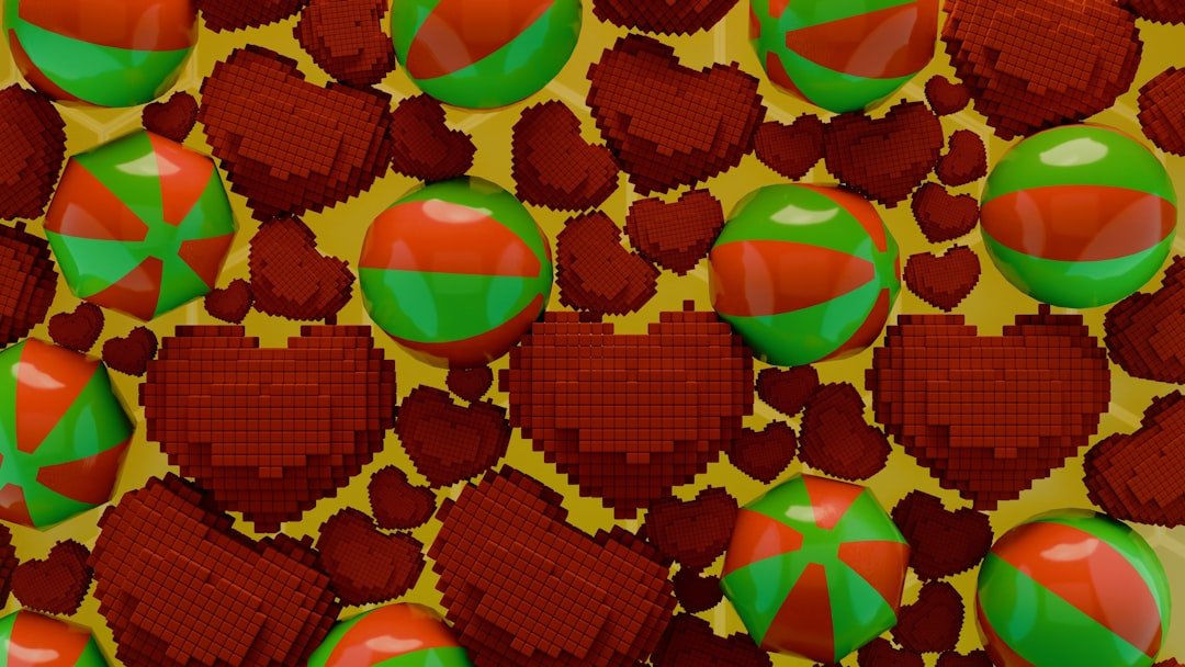 Christmas-themed pattern of hearts and spheres.